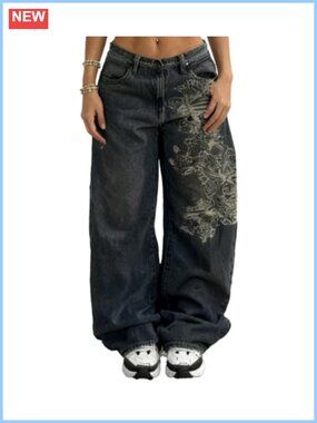 High Waist Wide Leg Baggy Jeans Y2K Gothic Skeleton Print Denim Pants